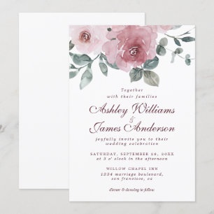Elegant Floral Dusty Pink Rose Burgundy Wedding Invitation