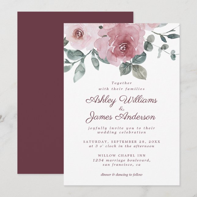 Elegant Floral Dusty Pink Rose Burgundy Wedding Invitation (Front/Back)