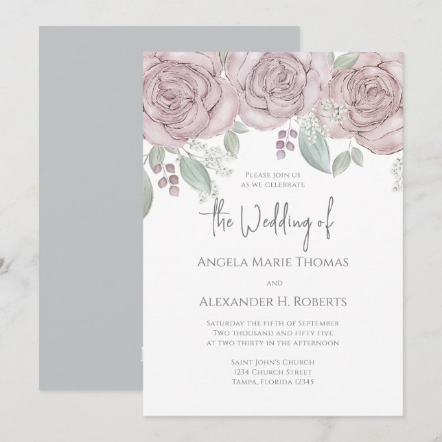 Elegant Floral Dusty Rose Classic Watercolor  Invitation (Front/Back)
