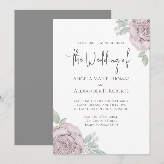 Elegant Floral Dusty Rose Watercolor Flowers  Invitation (Front/Back)