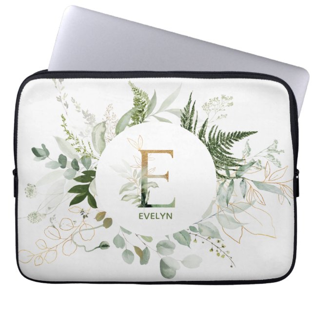 Elegant Floral E Green Laptop Sleeve (Front)