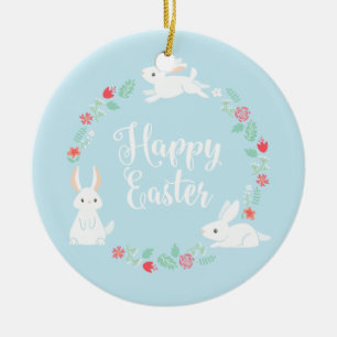 Elegant Floral Easter Bunny Ceramic Ornament