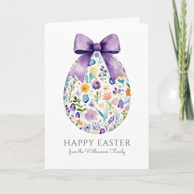 Elegant Floral Easter Egg with Bow Personalised Card (Front)