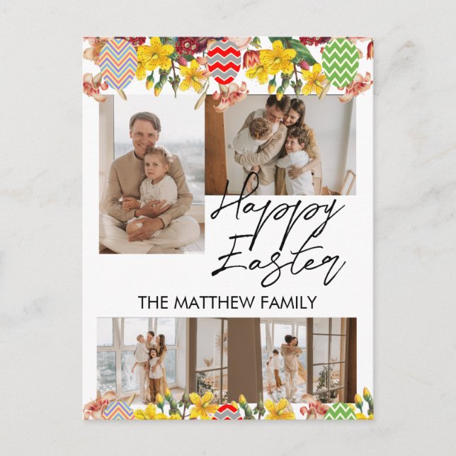 elegant floral Easter, family four photo collage Holiday Postcard (Front)