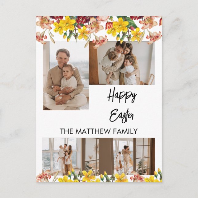 elegant floral Easter, family four photo collage Holiday Postcard (Front)