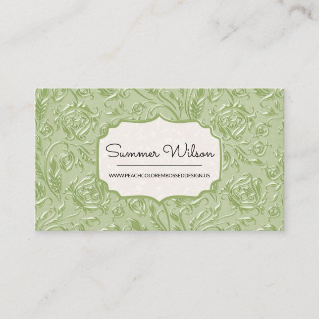 Elegant Floral Embossed Green Business Card (Front)