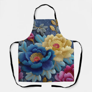 Elegant Floral Embroidered Look Vintage Peony Apron