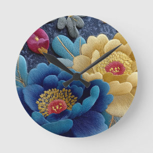 Elegant Floral Embroidered Look Vintage Peony Round Clock