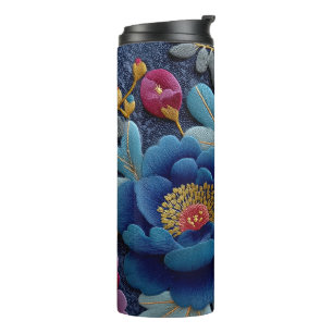 Elegant Floral Embroidered Look Vintage Peony Thermal Tumbler