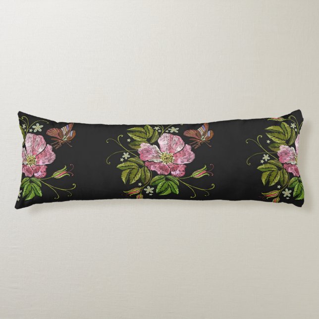 Elegant Floral Embroidery Pattern Black Background Body Cushion (Front)