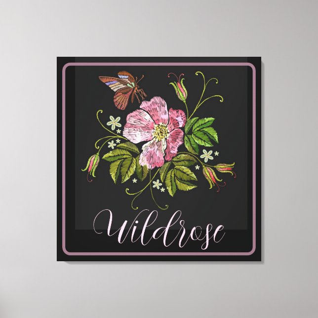 Elegant Floral Embroidery Pattern Black Background Canvas Print (Front)
