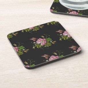 Elegant Floral Embroidery Pattern Black Background Coaster