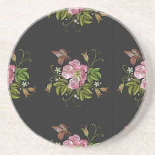 Elegant Floral Embroidery Pattern Black Background Coaster