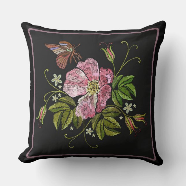 Elegant Floral Embroidery Pattern Black Background Cushion (Front)