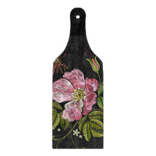 Elegant Floral Embroidery Pattern Black Background Cutting Board