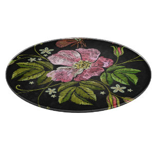 Elegant Floral Embroidery Pattern Black Background Cutting Board