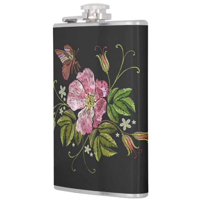 Elegant Floral Embroidery Pattern Black Background Hip Flask (Left)