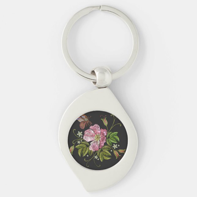 Elegant Floral Embroidery Pattern Black Background Key Ring (Front)