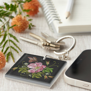 Elegant Floral Embroidery Pattern Black Background Key Ring