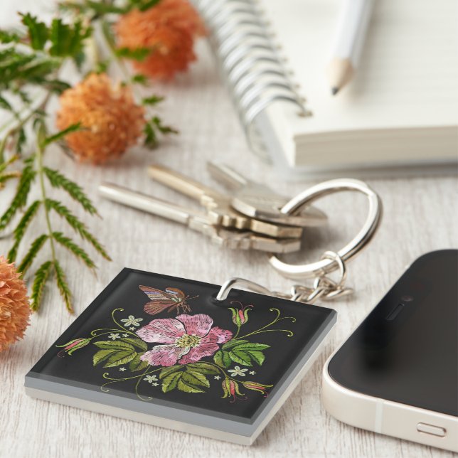 Elegant Floral Embroidery Pattern Black Background Key Ring (Front Right)