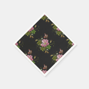Elegant Floral Embroidery Pattern Black Background Napkin