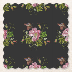 Elegant Floral Embroidery Pattern Black Background Paper Coaster