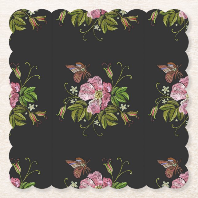 Elegant Floral Embroidery Pattern Black Background Paper Coaster (Front)