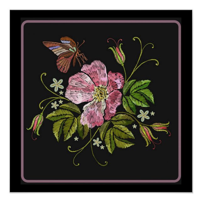 Elegant Floral Embroidery Pattern Black Background Poster (Front)