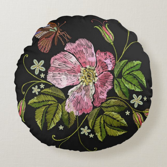 Elegant Floral Embroidery Pattern Black Background Round Cushion (Front)