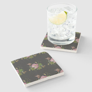 Elegant Floral Embroidery Pattern Black Background Stone Coaster