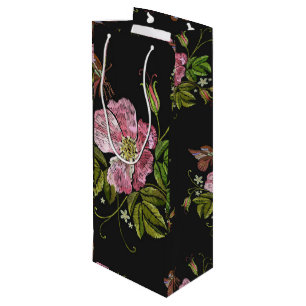 Elegant Floral Embroidery Pattern Black Background Wine Gift Bag
