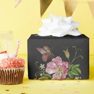 Elegant Floral Embroidery Pattern Black Background Wrapping Paper