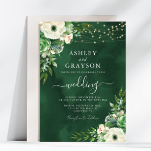 Elegant Floral Emerald Green and Cream Wedding Invitation