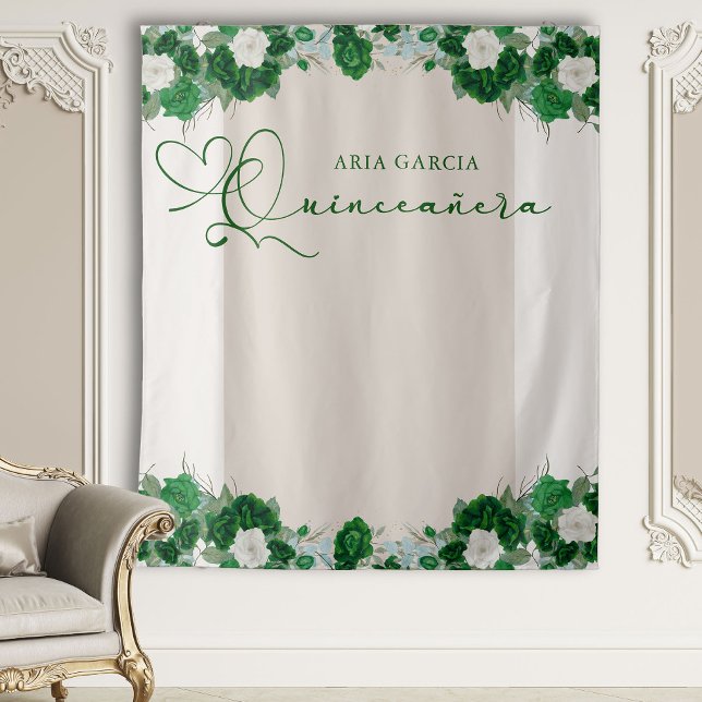 Elegant Floral Emerald Green Quinceanera Backdrop Tapestry (Quinceanera Backdrop from the Royal Rose Emerald Green Quinceanera Collection by Darling & May)