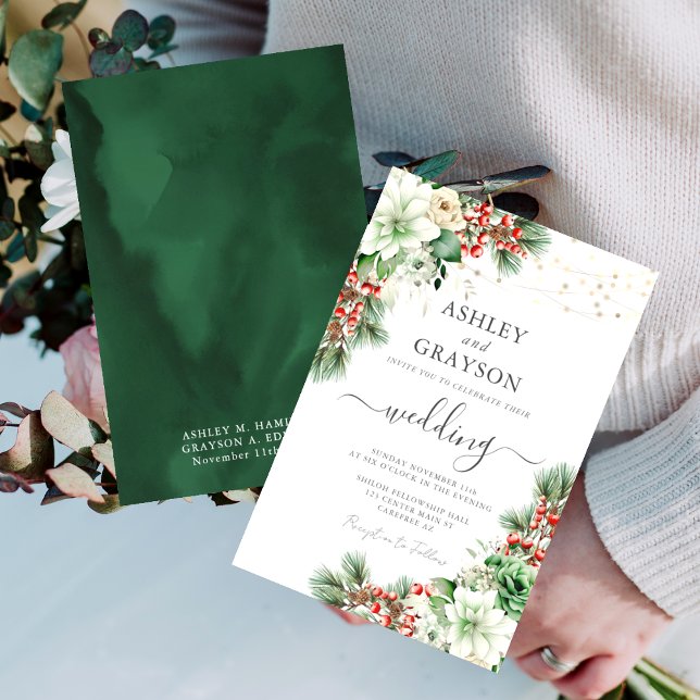 Elegant Floral Emerald Green Winter Wedding Invitation (Creator Uploaded)