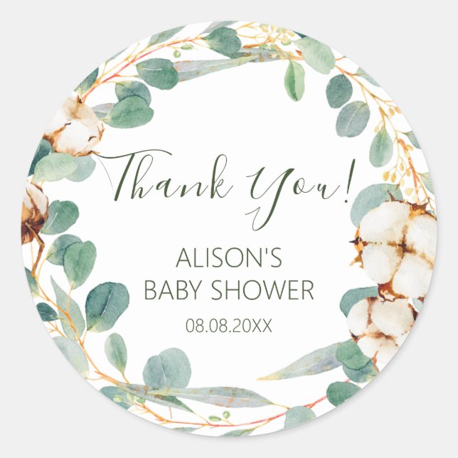 Elegant Floral Eucalyptus Greenery Baby Shower Classic Round Sticker (Front)