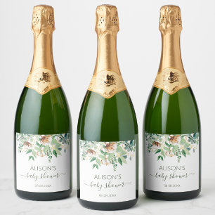 Elegant Floral Eucalyptus Greenery Baby Shower  Sparkling Wine Label