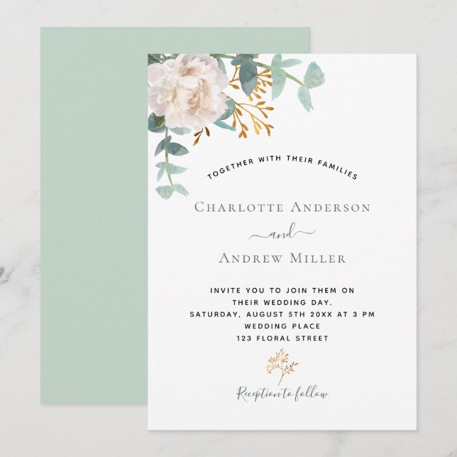 Elegant floral eucalyptus greenery modern wedding invitation (Front/Back)