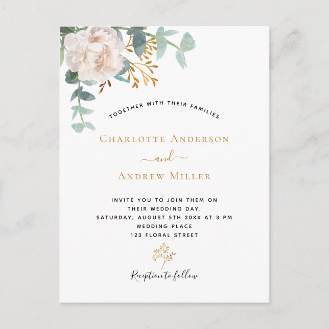 Elegant floral eucalyptus greenery modern wedding postcard (Front)