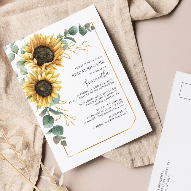 Elegant Floral Eucalyptus Sunflower Bridal Shower Invitation Postcard (Sunflower Floral Eucalyptus Geometric Bridal Shower Invitation Postcard)