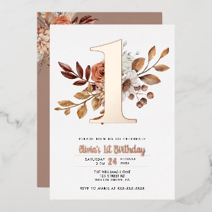 Elegant Floral Fall  1st Birthday Foil Invitation
