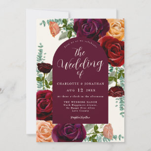 Elegant Floral Fall Burgundy Burnt Orange Wedding Invitation