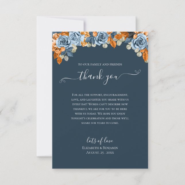 Elegant Floral Fall Navy Blue Rust Wedding Boho Thank You Card (Front)