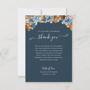 Elegant Floral Fall Navy Blue Rust Wedding Boho Thank You Card
