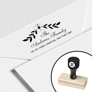 Elegant Floral Family Name Leaf Rubber Stamp