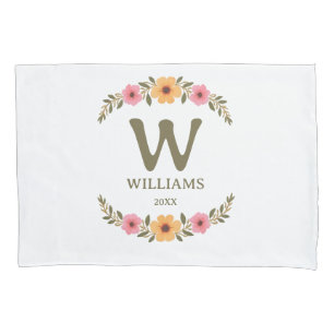 Elegant Floral Family Name Monogrammed Pillowcase