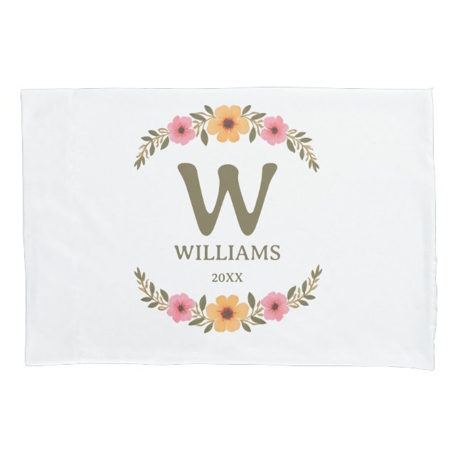 Elegant Floral Family Name Monogrammed Pillowcase (Front-Left)