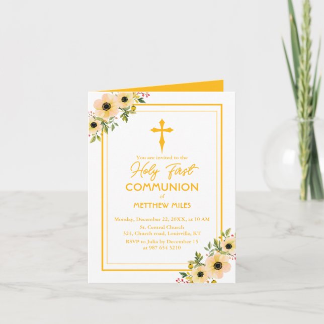 Elegant floral first catholic communion invitation (Front)