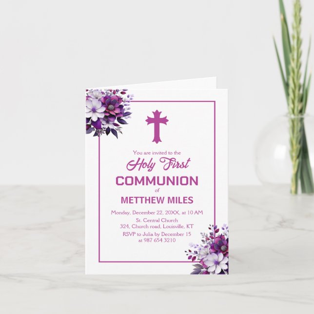 Elegant floral first catholic communion invitation (Front)