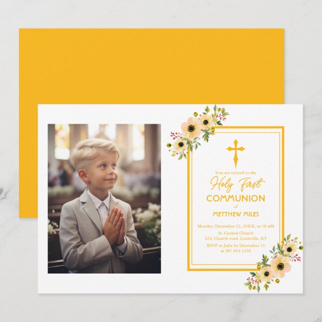 Elegant floral first catholic communion invitation (Front/Back)